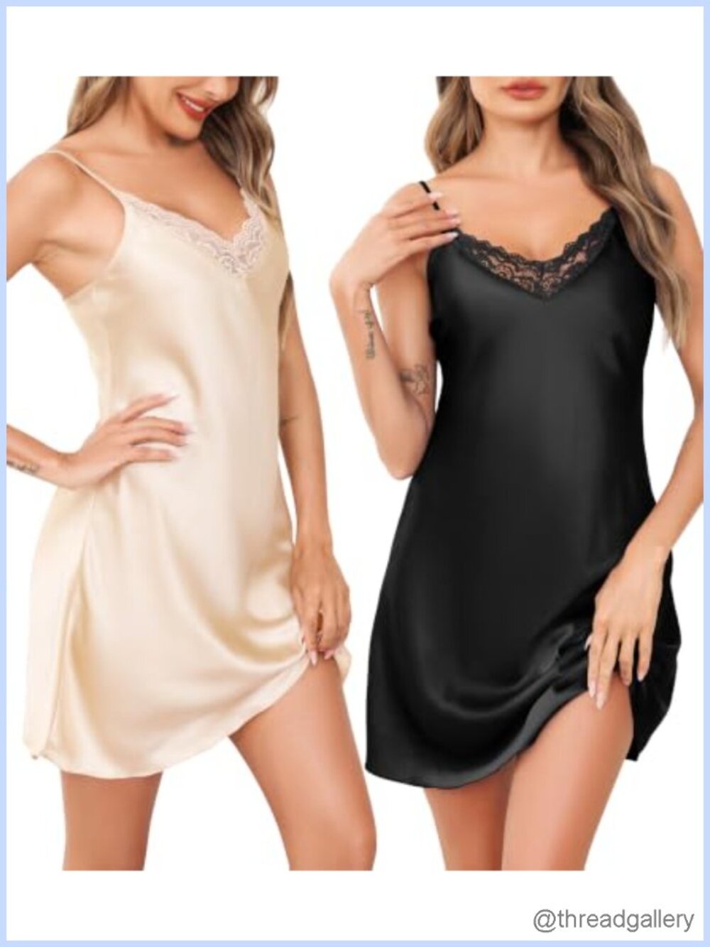 Satin Nightgown Set V Neck Lace Trim Mini Slip Sleepwear Chemise